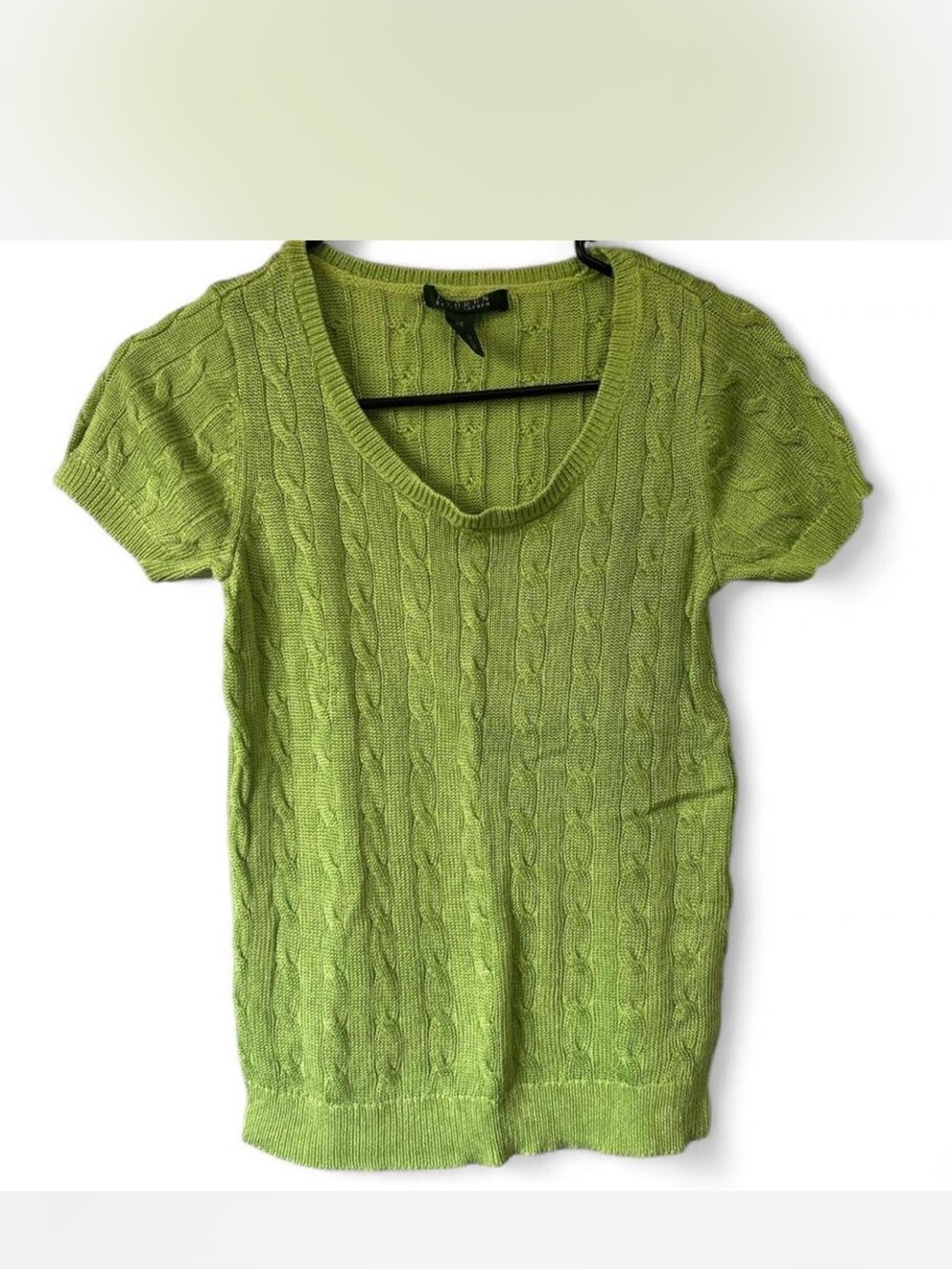 Lauren Ralph Lauren Lime Green Cable Knit Short Sleeve Sweater